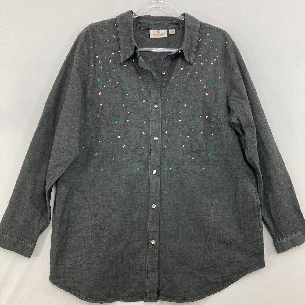 Quacker Factory Large Gray Embellished Long Sleeve Relaxed Button Down Festival‎